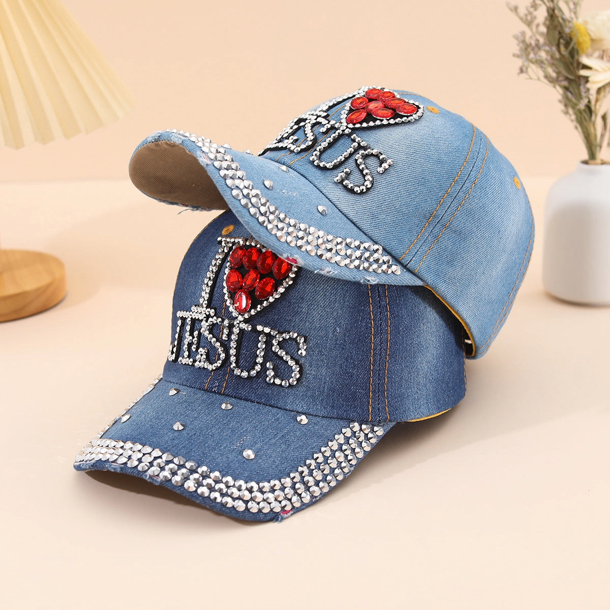 Wholesale Diamond-encrusted Distressed Denim Cloth Baseball Cap