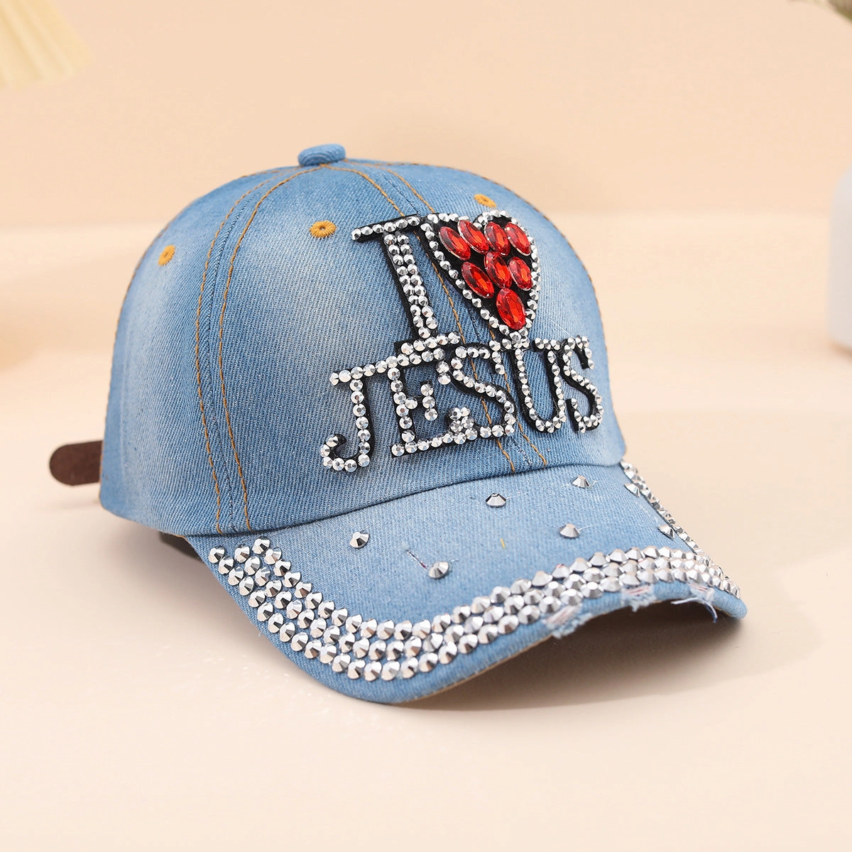 Wholesale Diamond-encrusted Distressed Denim Cloth Baseball Cap