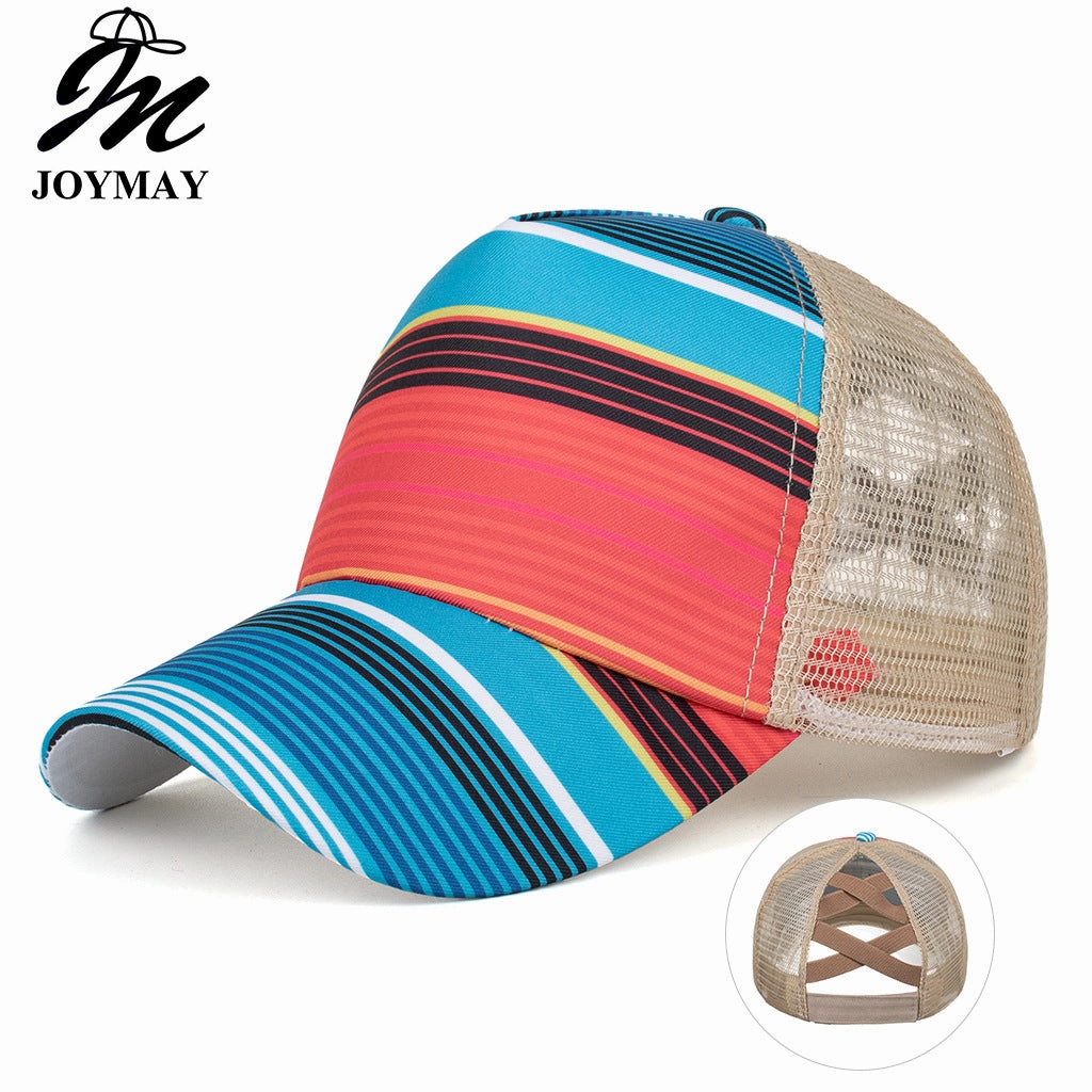Wholesale Digital print striped cross elastic ponytail baseball cap