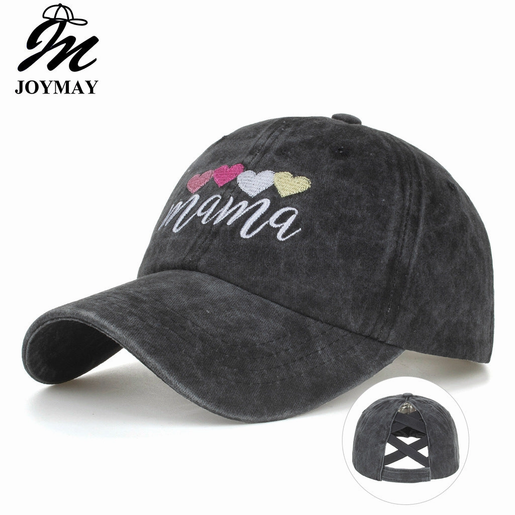 Wholesale Heart Embroidered Double Cross Elastic Net Ponytail Baseball Cap