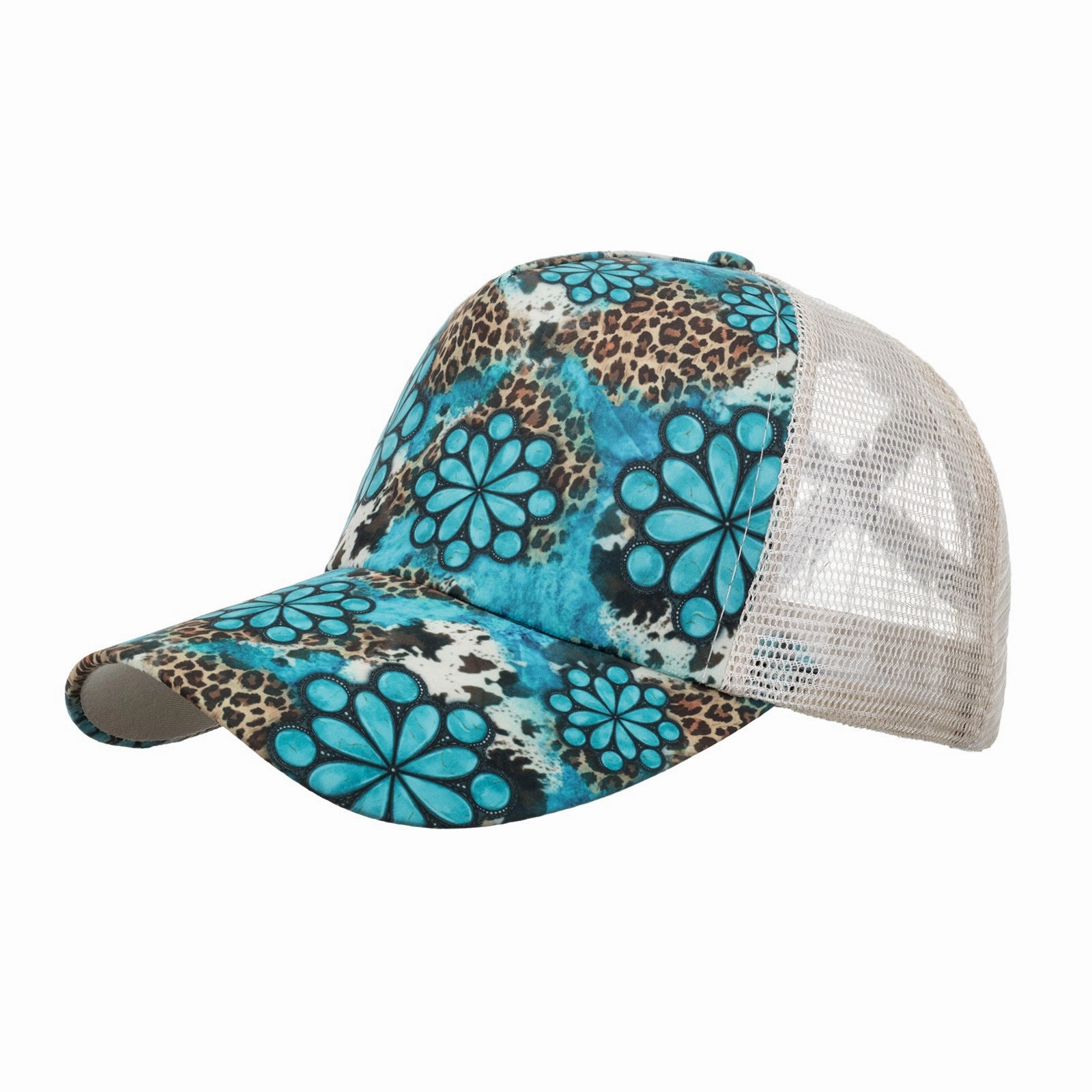 Wholesale  leopard print flower horizontal stripe cross mesh cap baseball cap