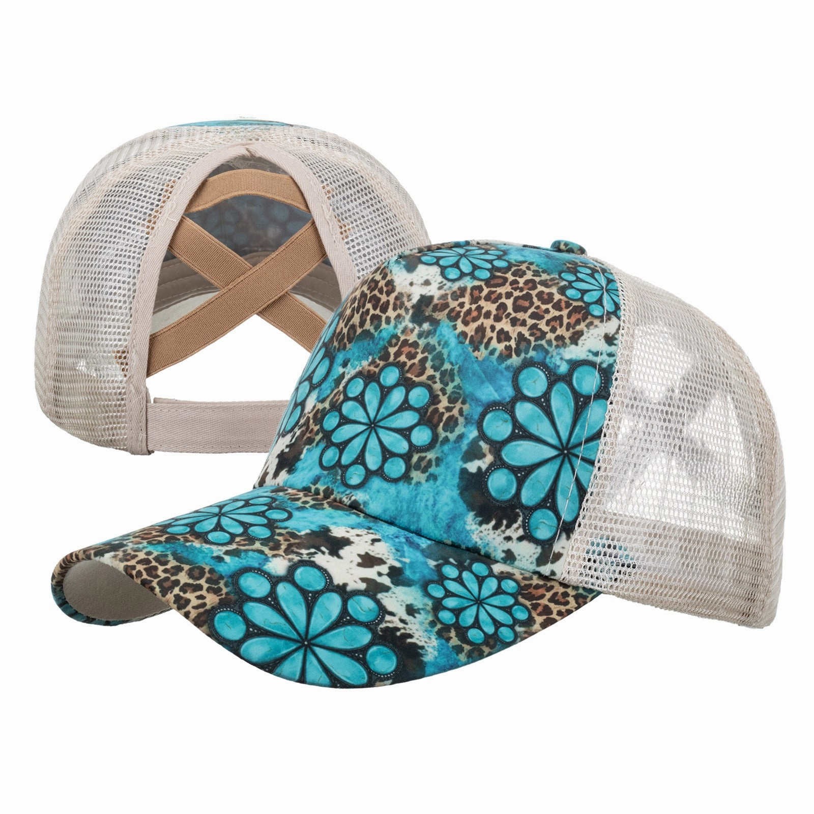 Wholesale  leopard print flower horizontal stripe cross mesh cap baseball cap