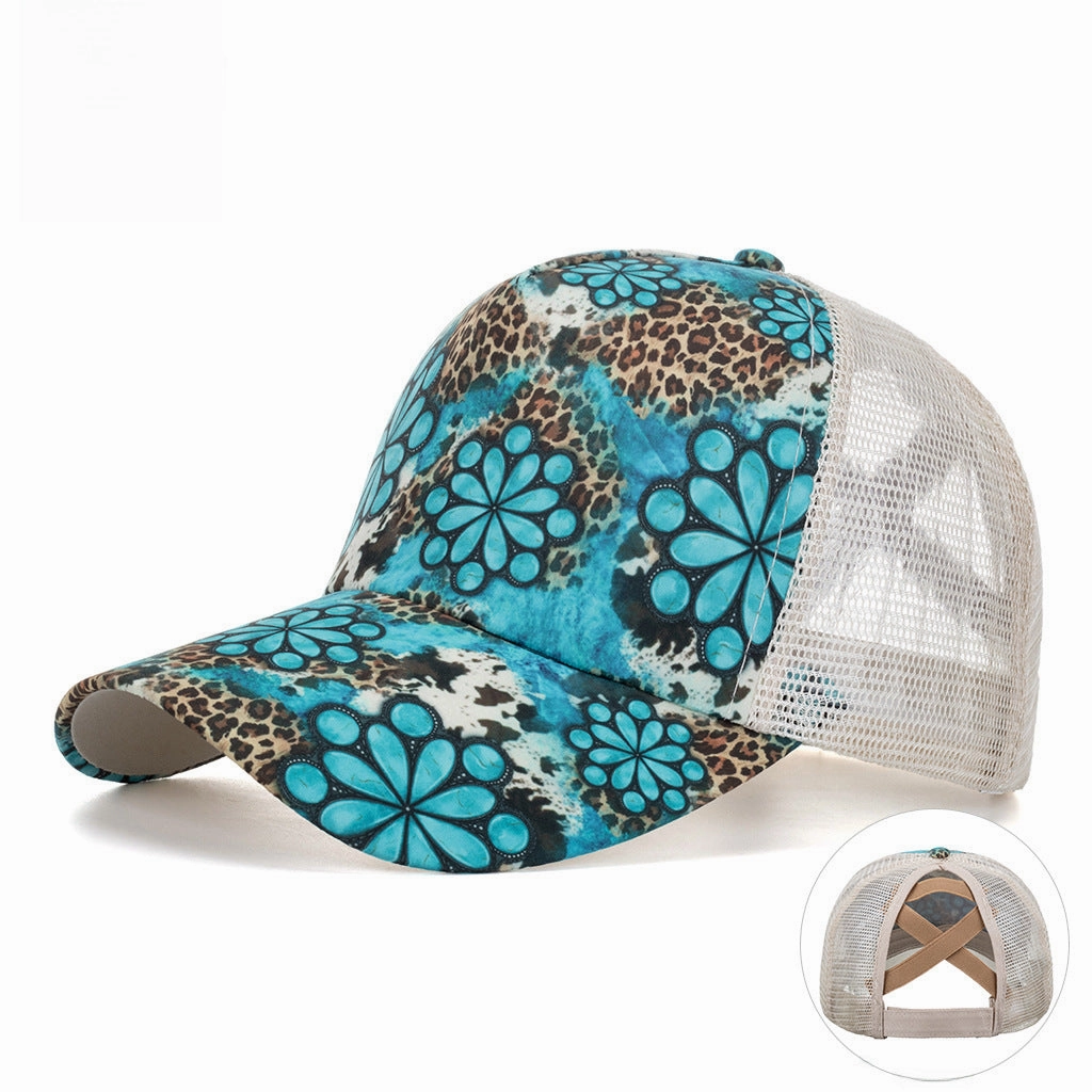 Wholesale  leopard print flower horizontal stripe cross mesh cap baseball cap