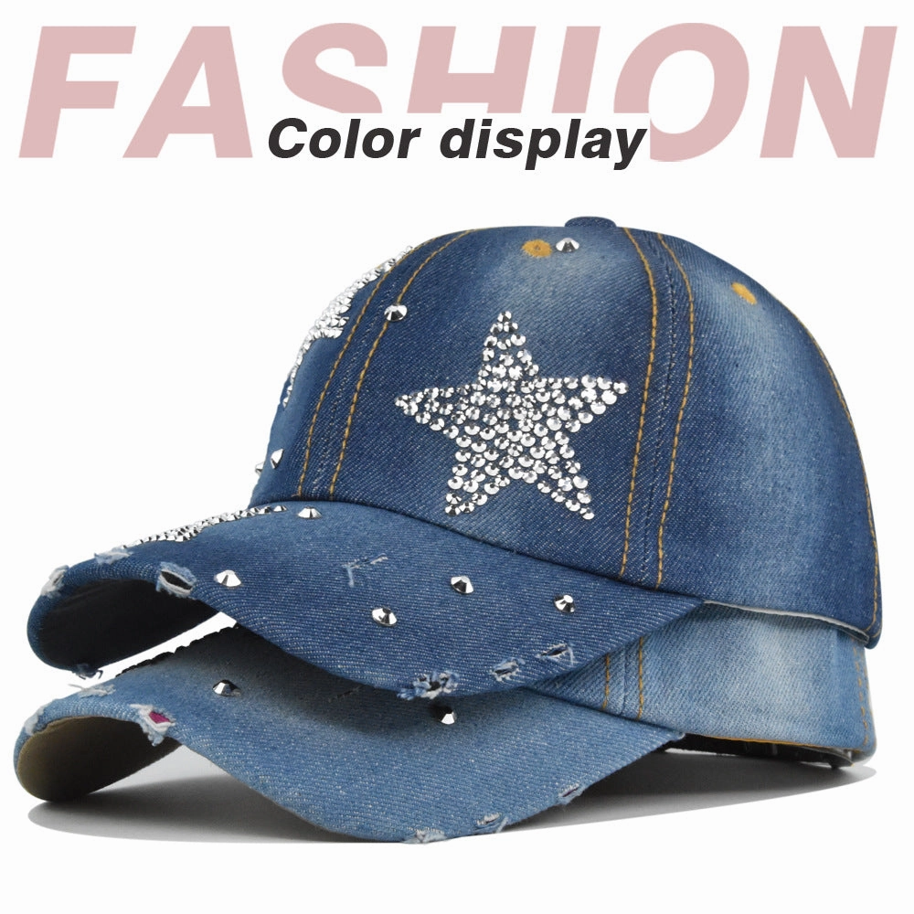 Wholesale Pentagram Diamond Washed Denim Baseball Caps