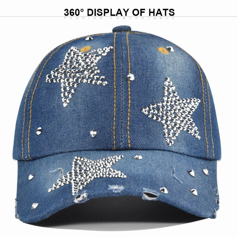 Wholesale Pentagram Diamond Washed Denim Baseball Caps