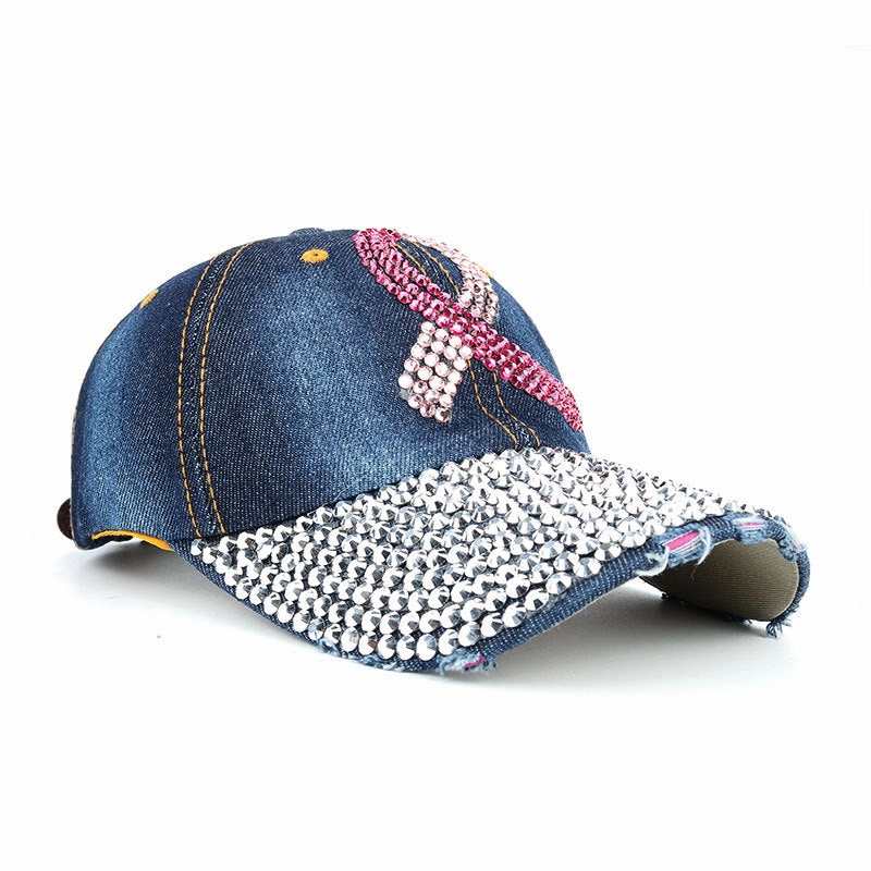 Wholesale Pink Ribbon Denim Cloth Dotted Diamond Baseball Caps