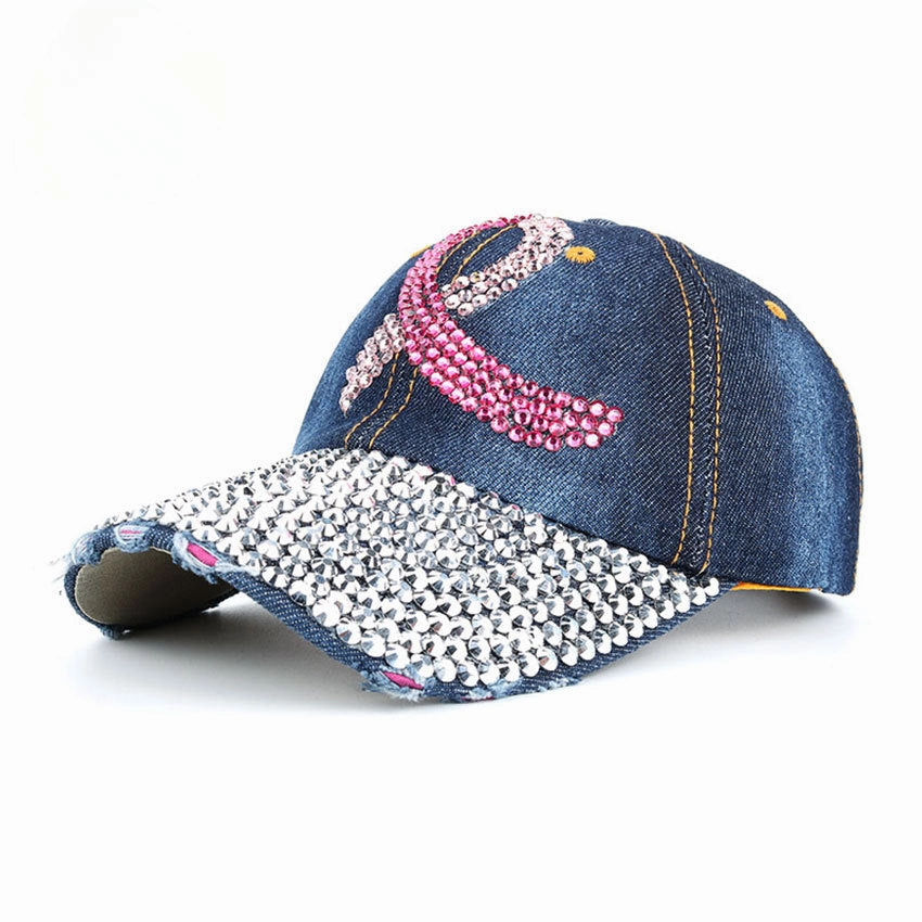 Wholesale Pink Ribbon Denim Cloth Dotted Diamond Baseball Caps