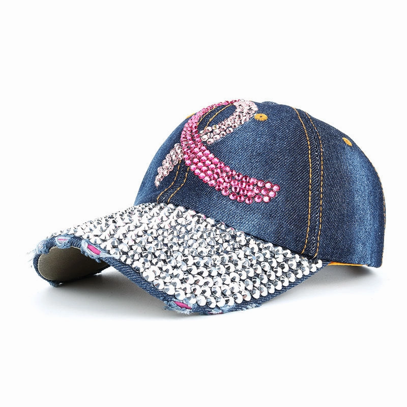 Wholesale Pink Ribbon Denim Cloth Dotted Diamond Baseball Caps