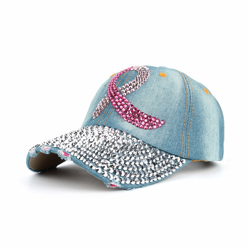 Wholesale Pink Ribbon Denim Cloth Dotted Diamond Baseball Caps