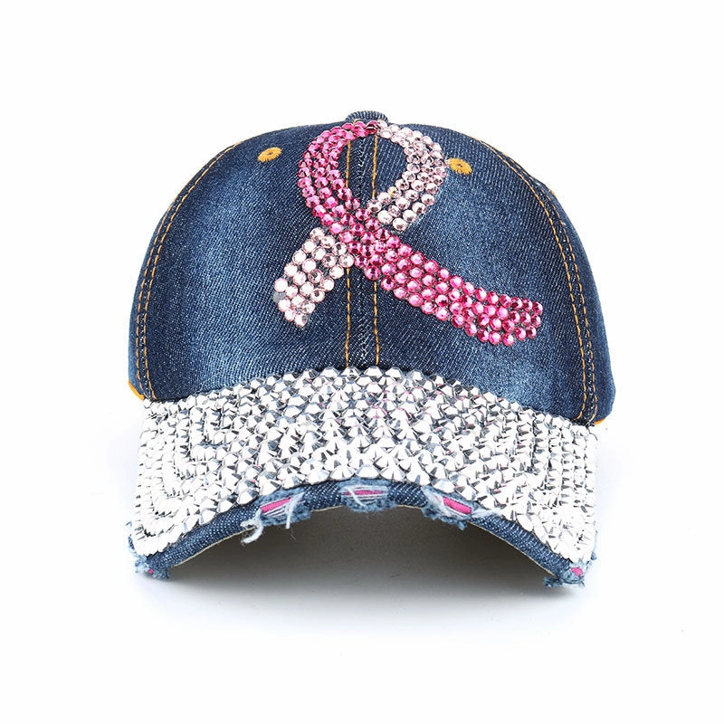 Wholesale Pink Ribbon Denim Cloth Dotted Diamond Baseball Caps