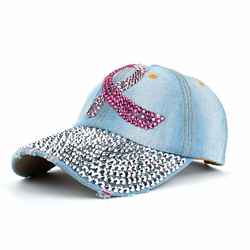 Wholesale Pink Ribbon Denim Cloth Dotted Diamond Baseball Caps