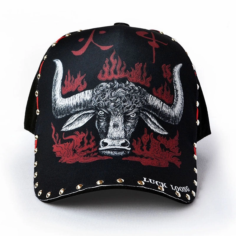 Wholesale Polyester Cotton Illustrated Fire Bull Baseball Cap