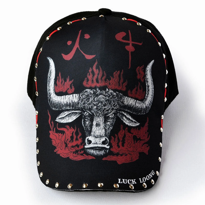 Wholesale Polyester Cotton Illustrated Fire Bull Baseball Cap