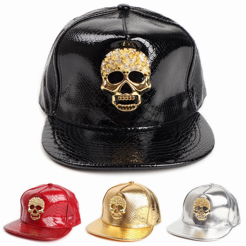 Wholesale PU Hip-hop Skull Flat Brim Hats