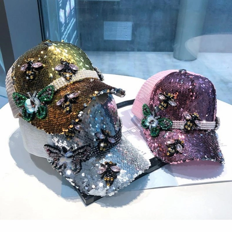 Wholesale Rhinestone Butterfly Sunscreen Sequin Mesh Baseball Caps