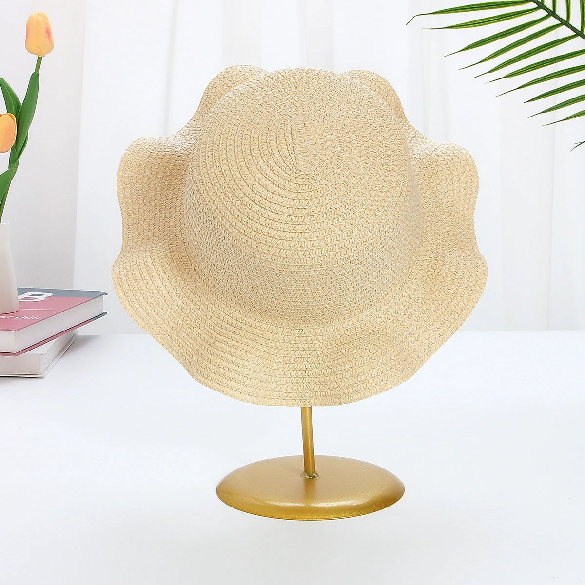 Windproof Cord Kids Wavy Straw Hat Large Brim Sun Protection