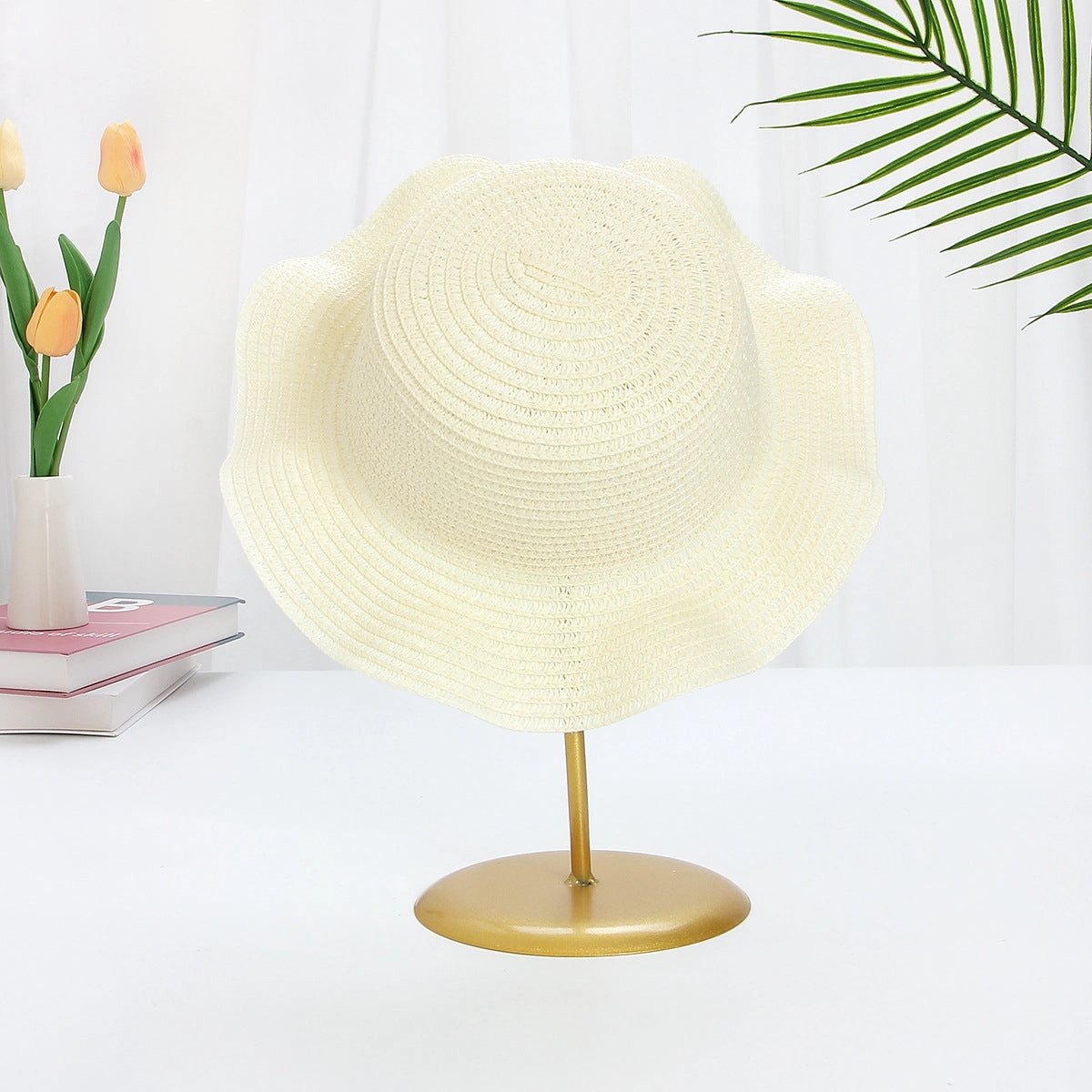 Windproof Cord Kids Wavy Straw Hat Large Brim Sun Protection