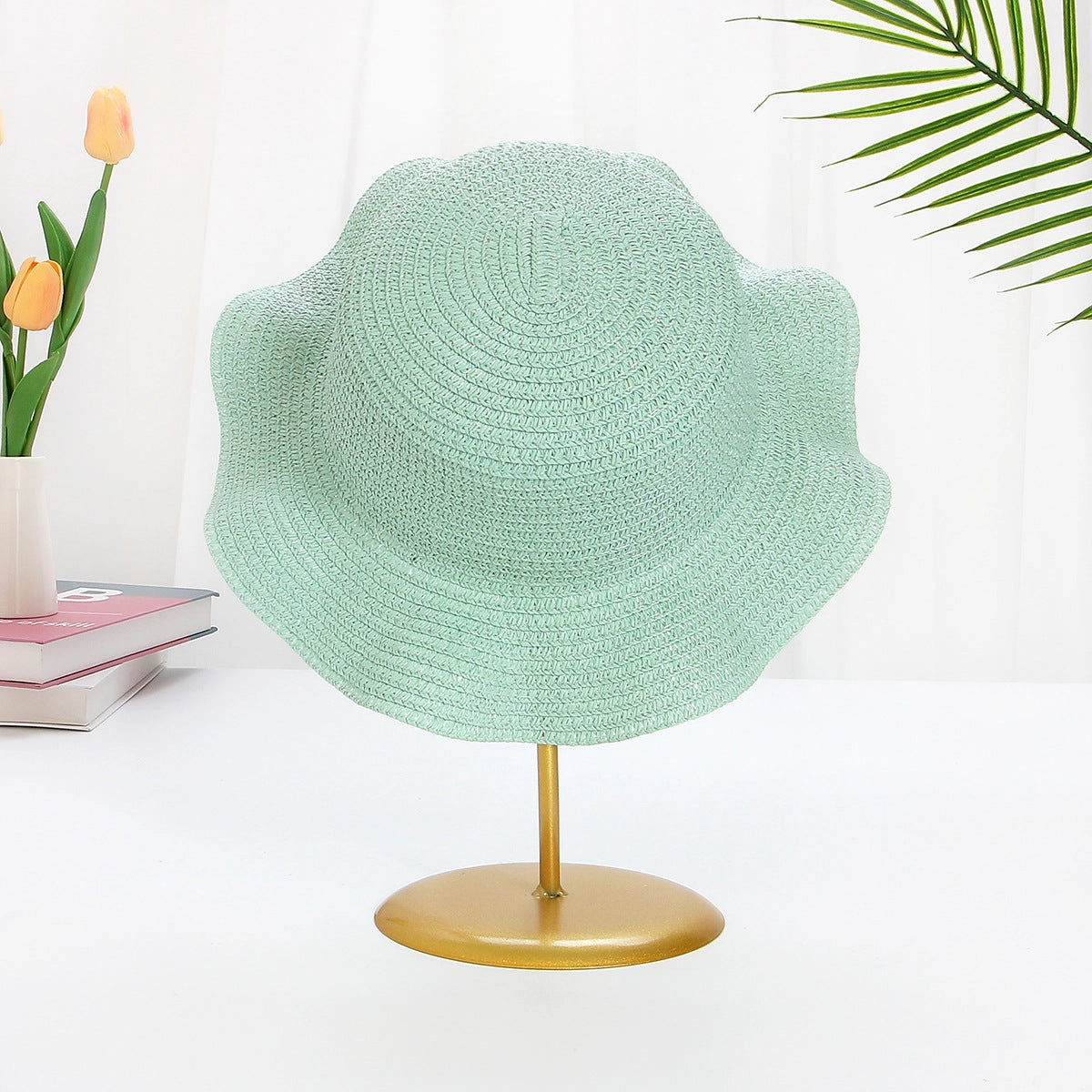 Windproof Cord Kids Wavy Straw Hat Large Brim Sun Protection