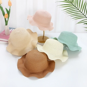 Windproof Cord Kids Wavy Straw Hat Large Brim Sun Protection spring-straw-hat