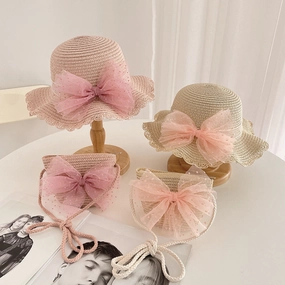 Woven Kids Sun Hat Lace Bow Sun Hat and Bag 2-Piece Set spring-straw-hat